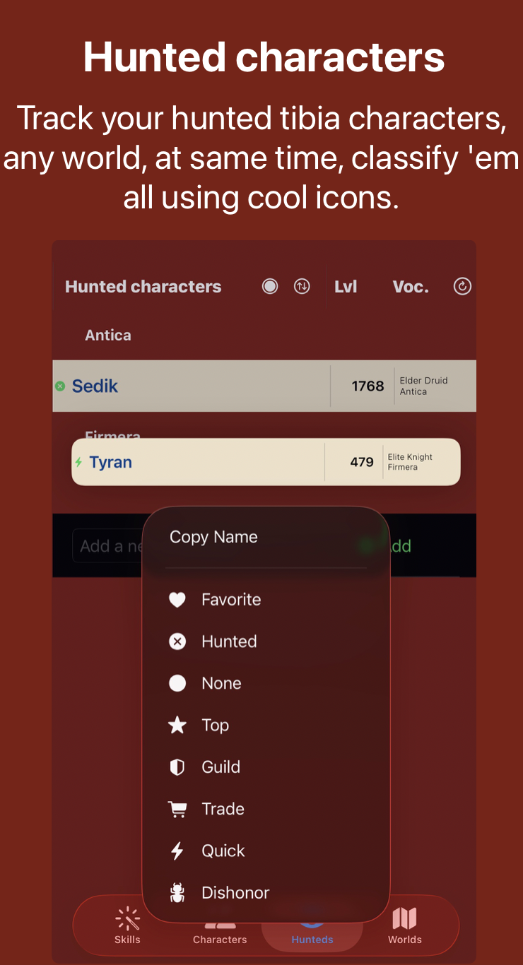 Hunted characters for tibia MMO, Tibia Demon App