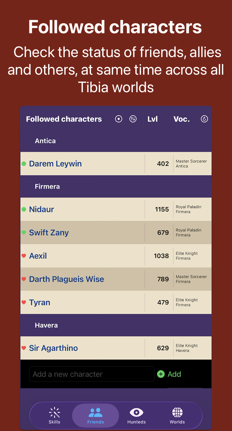 Followed characters tibiaTibia Demon App
